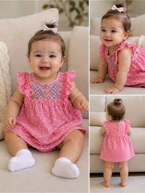 Soft pink Carter’s romper dress with delicate white polka dots 3 months